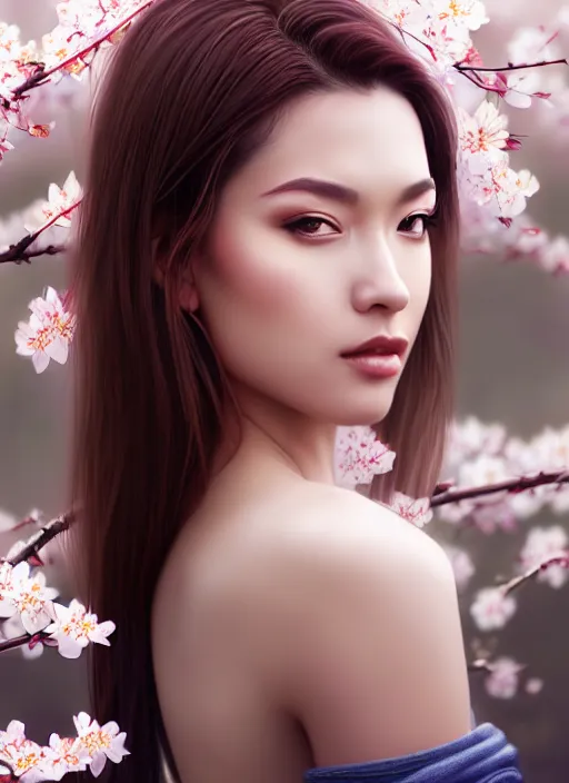 Prompt: photo of a gorgeous female in the style of stefan kostic, realistic, half body shot, sharp focus, 8 k high definition, insanely detailed, intricate, elegant, art by stanley lau and artgerm, extreme blur cherry blossoms