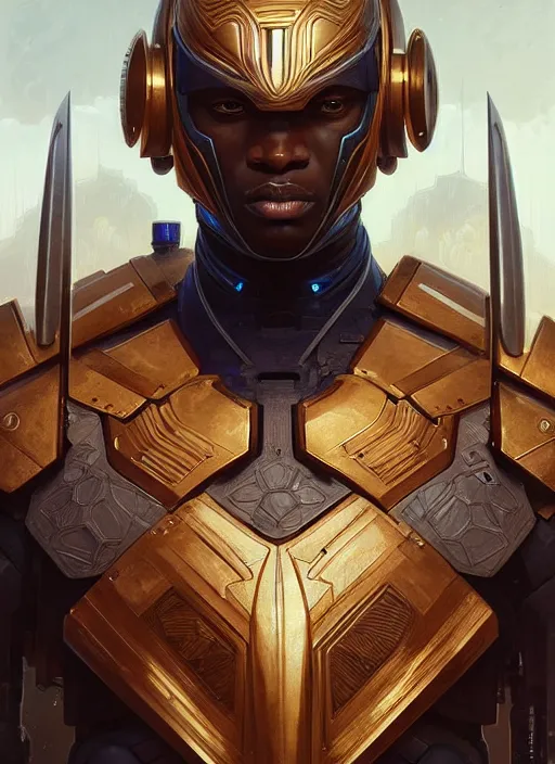 Image similar to symmetry!! portrait of an african warrior, sci - fi armour, tech wear, muscular!! sci - fi, intricate, elegant, highly detailed, digital painting, artstation, concept art, smooth, sharp focus, illustration, art by artgerm and greg rutkowski and alphonse mucha