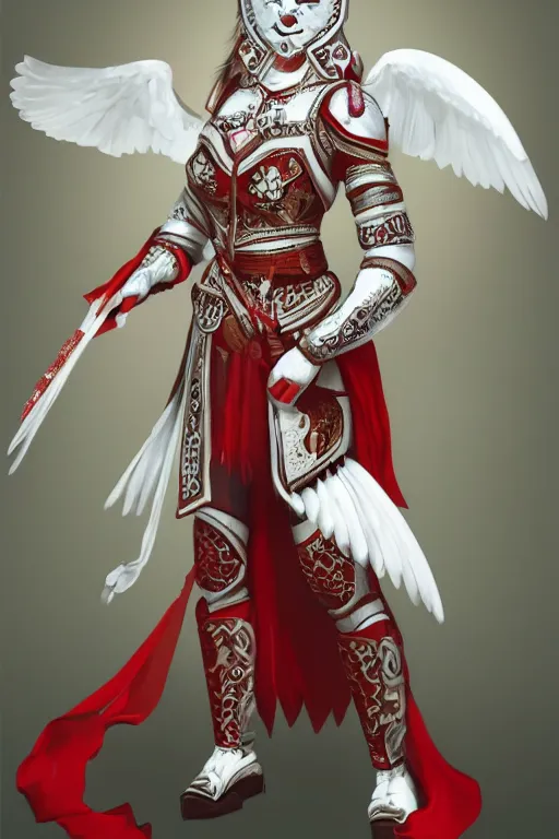 Prompt: female adventurer in tight full - body white leather armor of ukrainian vyshyvanka design with red accents and a white porcelain crow mask, trending in artstation, ukrainian, artstation, big moon in the background, establishing shot