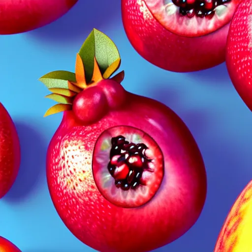 Image similar to realistic fruit character that looks just like michelle obama as a pomegranate, 8 k, fruit eyes, fruit world, beautiful matte painting, by johfra bosschart, hyper realistic, studio lighting, octane render