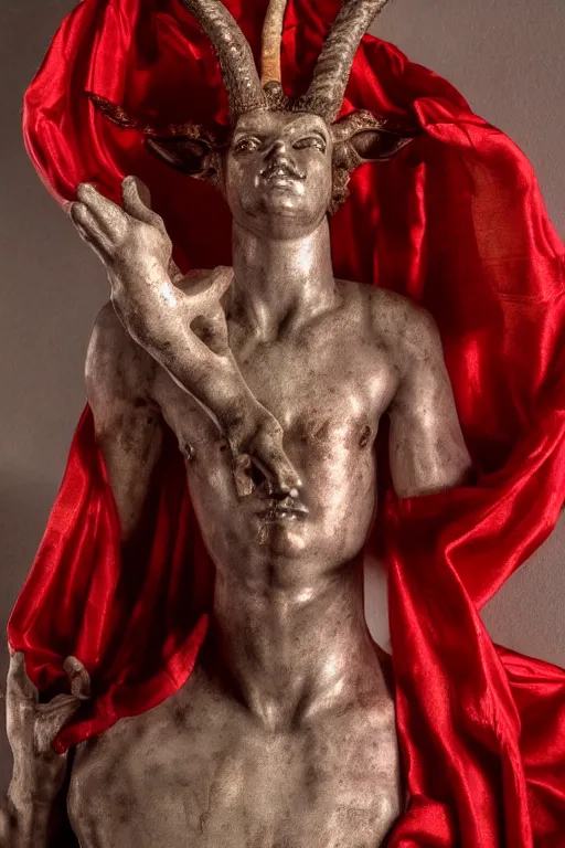 Prompt: a cinematic view of a ornated holy sacred faun statue using a old red silk veil made by hedi xandt, chris haas and bernini, realistic, macabre art, detailed image, photorealistic, volummetric light