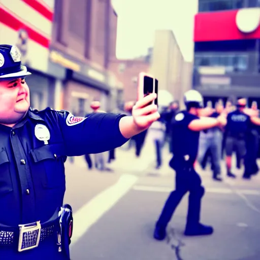 Image similar to chubby cop takes a selfie in front of a riot, highly detailed, sharp focus, dramatic lighting, 8 k