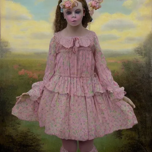 Prompt: 8 k, realism, tonalism, renaissance, rococo, baroque, cotton candy, portrait of a creepy young lady wearing long 1 9 7 0 s babydoll dress with flowers and skulls