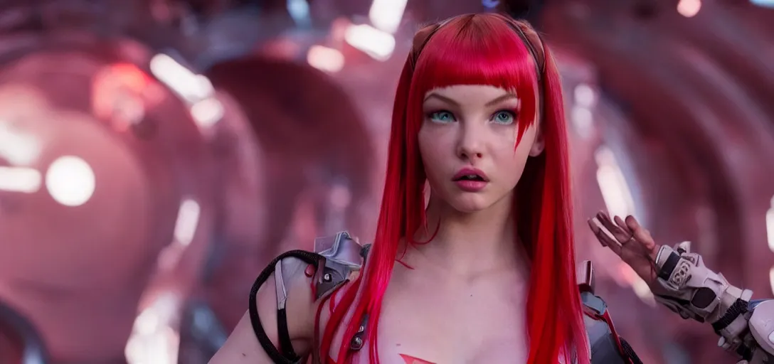 Image similar to a young woman who is a mix of dove cameron and madison beer and milla jovovich stars as leeloo in the 2 0 2 4 remake of the 5 th element, cinematic still, action shot, 8 k hdr