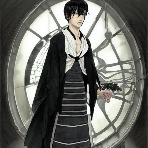 Image similar to full body concept art of Levi Ackerman, south Korean male, wearing a black and white maid dress, short, short hair, pointy nose, annoyed. elegant. highly detailed, digital painting, artstation, concept art, smooth, sharp, focus, illustration. art by artgerm and greg rutkowski alphonse mucha and Marat Safin