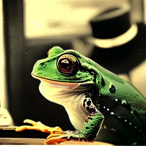 Image similar to cinematic, beautiful, ultra detailed, precise, award winning photo by saul leiter of an aristocrat animal frog wearing a perfect suit and a perfect hat sitting behind a perfect victorian desk, 1 9 4 0 s, vintage photography