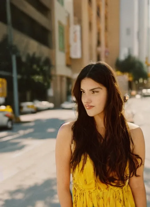 Prompt: portrait of a beautiful brown hair woman in a yellow sun dress in downtown Los Angelas, 50mm lens, Kodak Portra 400 film