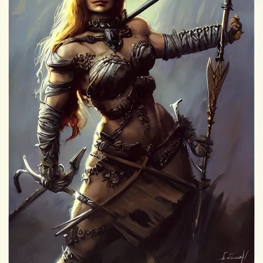 Prompt: warrior princess character portrait by frank frazetta - wearing ornate armor, holding a spear, striking a pose, fantasy, dungeons & dragons, sharp focus, beautiful, artstation contest winner, detailed