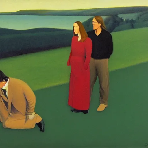 Image similar to rush, geddy lee, alex lifeson, neil peart, grant wood, pj crook, edward hopper, oil on canvas