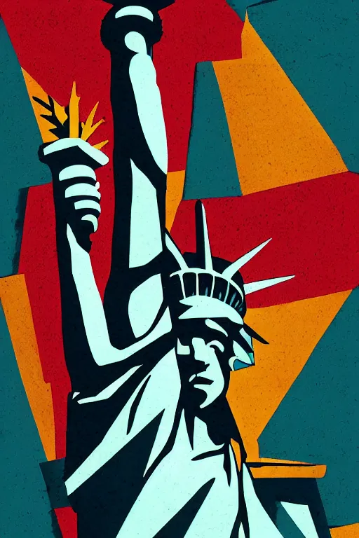 Prompt: cubist statue of liberty cutout digital illustration cartoon colorful beeple