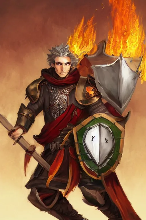 Prompt: male shifter, late 2 0 s, medium brown hair, green eyes, athletic build, armor under ripped white and red priest's clothes, holding wooden shield and flaming holy symbol, dungeons and dragons, pathfinder, roleplaying game art, concept art, character design,