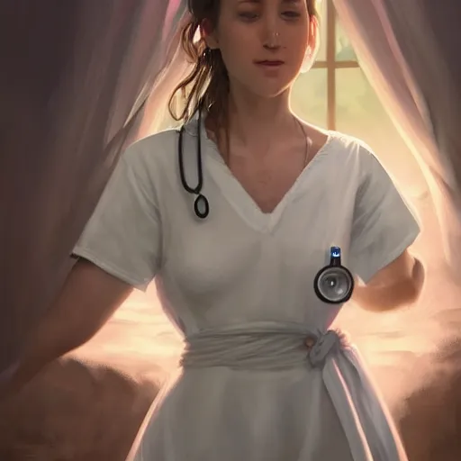 Prompt: epic portrait an female nurse in a white dress and short sleeves hugging an doctor, digital painting, artstation, concept art, soft light, hdri, smooth, sharp focus, illustration, fantasy, intricate, elegant, highly detailed, D&D, matte painting, in the style of Greg Rutkowski and Alphonse Mucha and artemisia, 8k, highly detailed, jurgens, rutkowski, bouguereau, pastoral, rustic, georgic, detailed concept art, illustration, colorful pastel, painting, detail, ultra detailed, digital art, 4K,