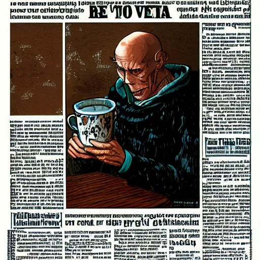 Prompt: Vecna, drinking tea, reading a newspaper