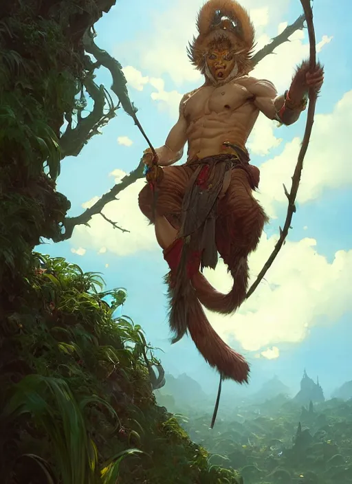 Image similar to Highly detailed portrait of Sun Wukong, Stephen Bliss, unreal engine, fantasy art by Greg Rutkowski, Loish, Rhads, ferdinand knab, Makoto Shinkai and Lois van baarle, ilya kuvshinov, rossdraws, Tom Bagshaw, alphonse mucha, global illumination, radiant light, detailed and intricate environment