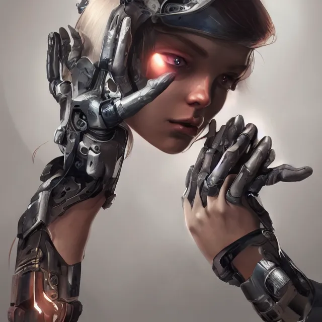 Prompt: girl with giant cyborg hands, cgsociety