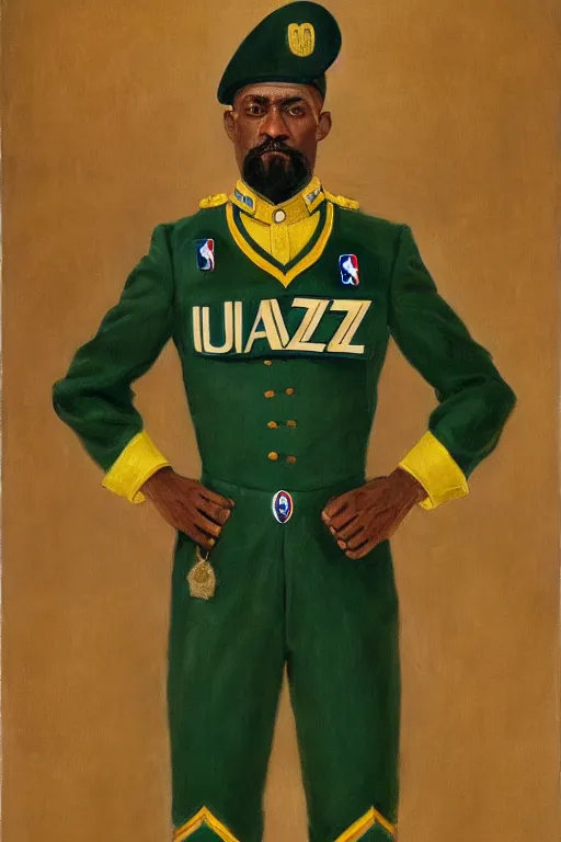 Image similar to full body portrait of the dictator of the nba utah jazz, 1 8 8 9, in full military garb, navy, green, yellow, oil on canvas by william sidney mount, trending on artstation