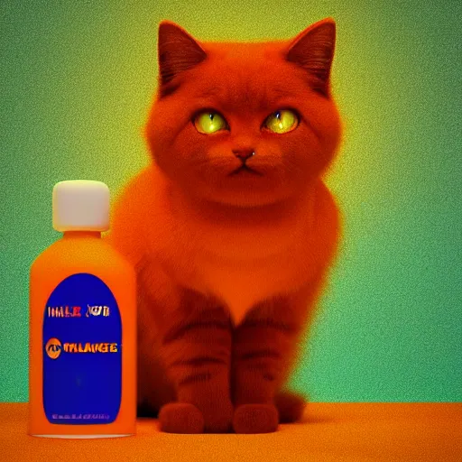 Prompt: a fluffy cat standing next to a bottle of medicine. orange cat. the cat was in a room with yellow background color. animal. digital art. artstation. realistic, vibrant, illustration. in the style of pixar movie. redscale photography.
