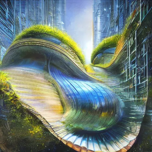 Image similar to beautiful portrait of bamboo living pods shaped like a sea shell embedded on the side of a cliff, windows, the time machine, spaceship by john berkey, panoramic view, ssci - fi, futuristic city, art by artgerm, artwork by peter gric and brian froud and esao andrews