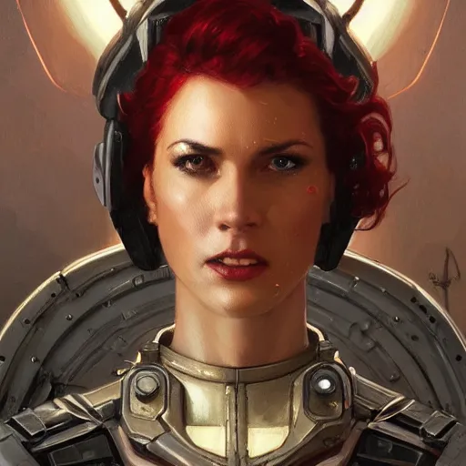 Prompt: a portrait of an woman with red short hair wearing a whiteblouse and robot armor commanding an army on a dead world full of rocks, highly detailed, centered, digital painting, artstation, concept art, donato giancola, Joseph Christian Leyendecker, WLOP, Boris Vallejo, Breathtaking