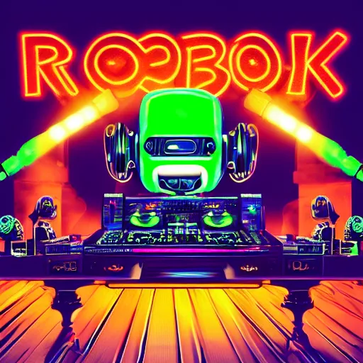 Image similar to album art for a trance dj, the album is called dj roborock, 3 steampunk robot heads with robot arms on a dj desk with a cd mixer, 8 k, fluorescent colors, halluzinogenic, multicolored, exaggerated detailed, front shot, 3 d render, octane