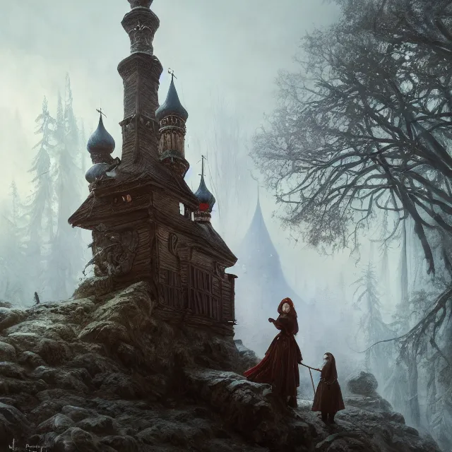 Prompt: russian folk fairytale, story, fable, dramatic, fantasy art, matte painting, an ultrafine detailed painting, academic art, ornate, inticate, elegant, sharp focus, artstation, by pavel korin, viktor vasnetsov, greg rutkowski