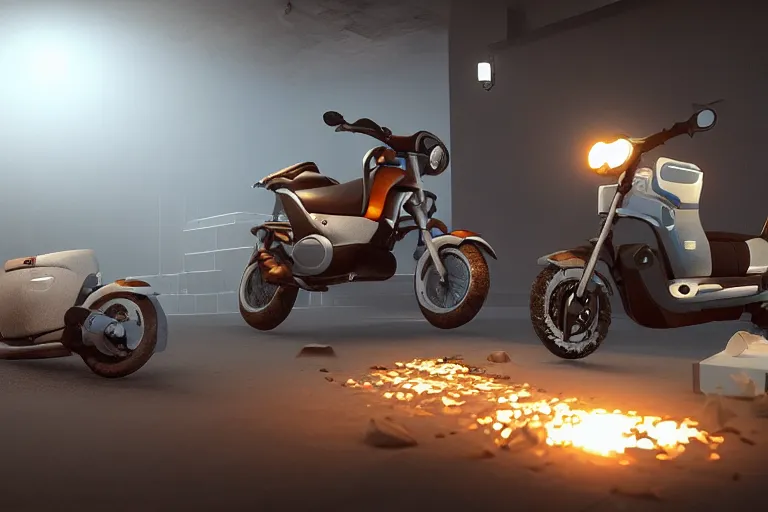 Image similar to scooter with bunch of dumplings, trending on artstation, unreal engine 5, volumetric light