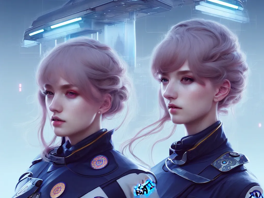 Prompt: portrait futuristic england police uniform girl, at future neon light rooftop, ssci - fi and fantasy, intricate and very very beautiful and elegant, highly detailed, digital painting, artstation, concept art, smooth and sharp focus, illustration, art by tan zi and ayanamikodon and alphonse mucha and wlop