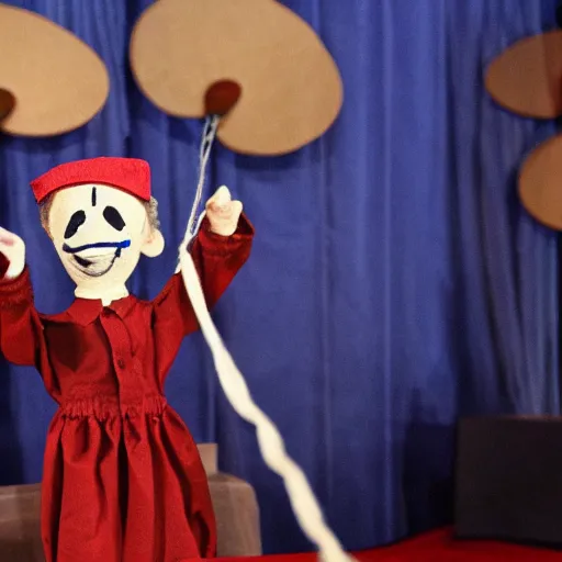 Prompt: puppet show with a puppeteer using a string marionette of a president with clown makeup in a podium