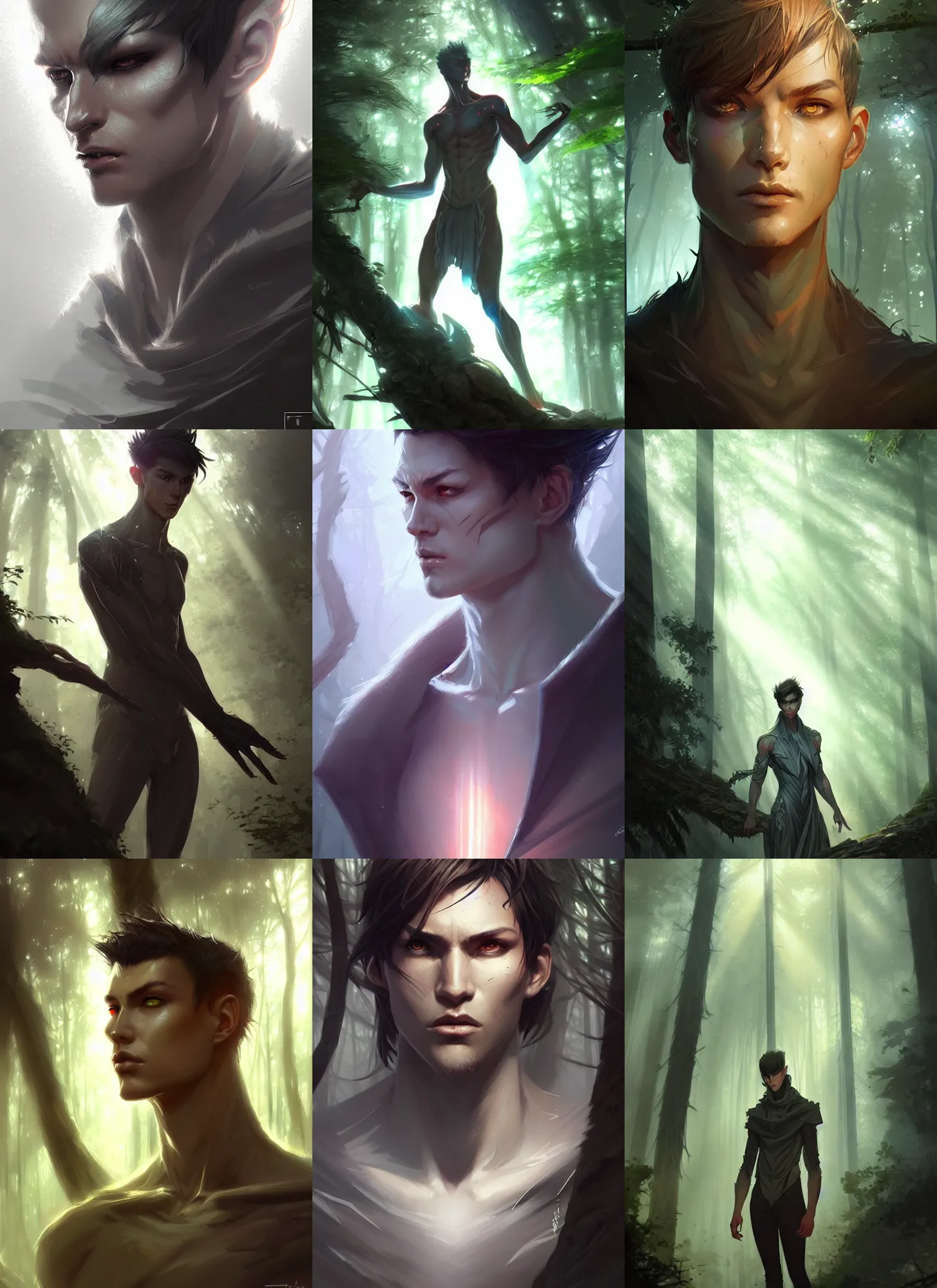 Prompt: digital concept art by artgerm and greg rutkowski and nixeu, portrait of an androgynous male lurking in the forest, god rays, hyper detailed, character concept, glowing particulate, intricate, elegant, digital painting, artstation, smooth, sharp focus,