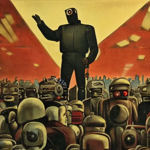 Prompt: robot revolutionary speaking to a crowd of robots amid the backdrop of a cyberpunk city, in the socialist realist style of lenin speaking to the red army by isaac brodsky