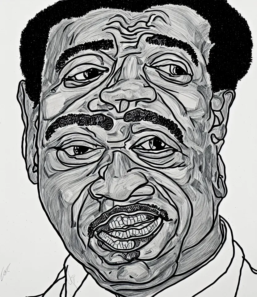 Image similar to detailed line art portrait of duke ellington, inspired by egon schiele. caricatural, minimalist, bold contour lines, musicality, soft twirls curls and curves, confident personality, raw emotion