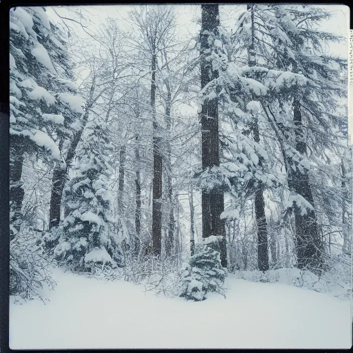 Image similar to atmospheric polaroid photo of a snowy taiga growing in an office building