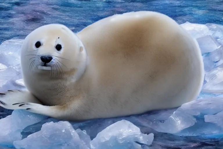 Prompt: a baby harp seal with multicolored feathers and wings, lying on a pile of fish, background of iceberg and glaciers CGsociety