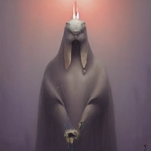 Prompt: humanoid rabbit chief holding torch in cave, character design, art by zdzislaw beksinski, by tiffany bozic, cold hue's, warm tone gradient background, concept art, beautiful composition, digital painting
