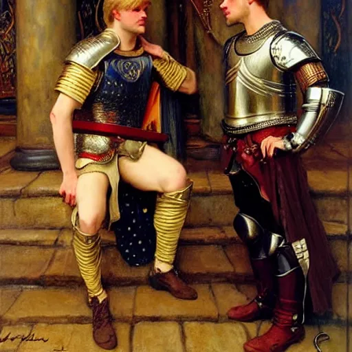 Image similar to attractive fully clothed arthur pendragon confesses his love for his attractive fully clothed male knight. highly detailed painting by gaston bussiere and j. c. leyendecker 8 k