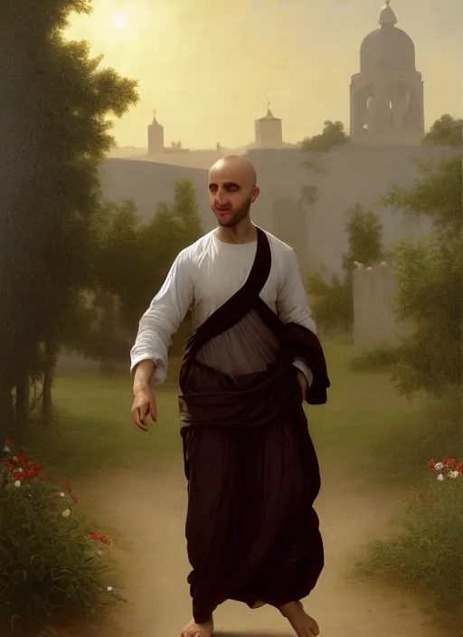 Image similar to oil painting portrait of a handsome young tonsured dominican monk in a white and brown habit, striding dancing through a flourishing garden at sunset with a monastery in the background, hazy, digital art, chiaroscuro, artstation, cinematic, golden hour, digital art painting by greg rutkowski, william - adolphe bouguereau, hazy atmosphere, flowers, cinematic lighting