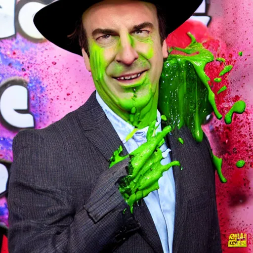 Prompt: Saul Goodman!, covered in slime!!, ((at the Kid Choice Awards)) , face close-up, award winning photography