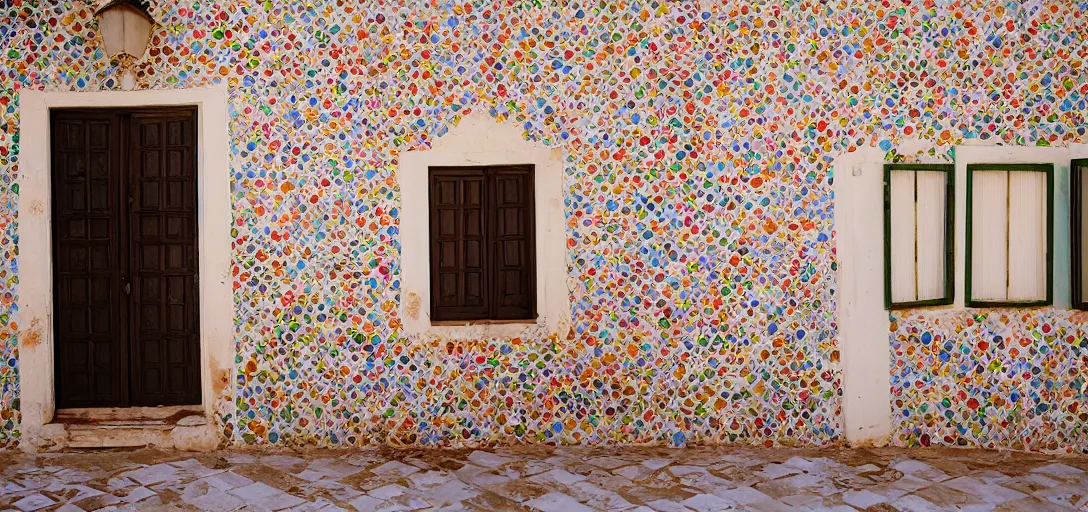 Prompt: colonial house in greece with multicolored portuguese tiles. photographed by wes anderson. fujinon premista 1 9 - 4 5 mm t 2. 9. portra 8 0 0.