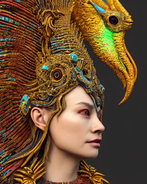 Image similar to 3 d warrior goddess close - up profile portrait. beautiful hyperrealistic intricate highly detailed chuu!! magpie helm and richly embroidered blouse, quetzalcoatl, bioluminescent, angry, gilded, plasma, lava, ice, feather, windy, artwork by tooth wu and wlop and annie leibovitz, octane 3 d render
