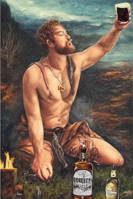 Prompt: a dramatic, epic, ethereal painting of a !!handsome!! !!!thicc!!! mischievous shirtless cowboy with a beer belly!! wearing a large belt and bandana offering a whiskey bottle | he is relaxing by a campfire | background is a late night with food and jugs of whisky | homoerotic | stars, tarot card, art deco, art nouveau, intricate | by Mark Maggiori (((and Alphonse Mucha))) | trending on artstation