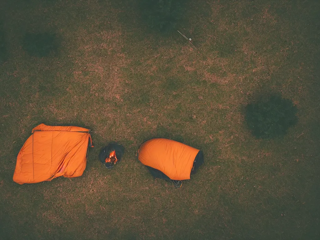 Prompt: a man is camping in the woods, it is night and there is a small campfire next to his sleeping bag, his horse stands tethered nearby, we view this from above from a birds eye perspective, cinematic lighting