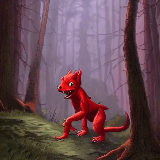 Prompt: red kobold walking through the forest art by matt wilson