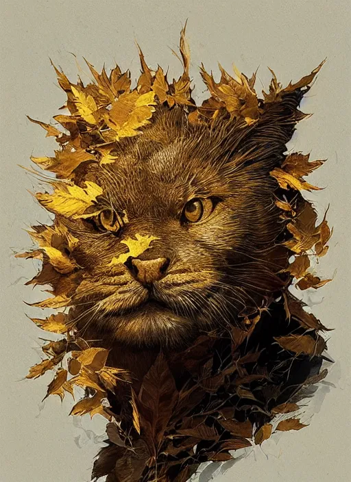 Image similar to golden leaves at frame border, creative!!! composition for a book cover, absurdly beautiful, ultrafine hyperrealistic detailed animal face by wlop and artgerm and greg rutkowski, intricate linework, sharp focus, smooth, plain background, unreal engine, dramatic lighting, ethereal, 8 k