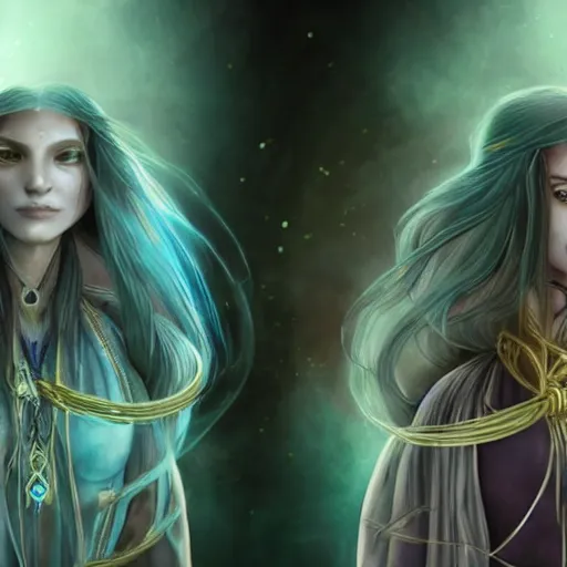 Prompt: two identical beautiful female mages standing face to face, full of detail