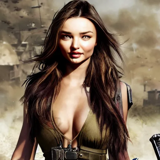 Image similar to Miranda Kerr with long purple hair and sword in call of duty warzone 4k, high detail, high-resolution photograph, professional photography, ultra-detail