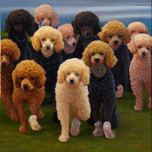 Prompt: endless sea of poodles, oil painting