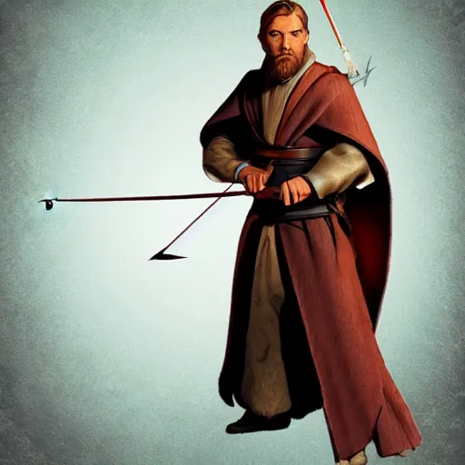 Prompt: Dungeons and Dragons character art of Obi Wan Kenobi with bow and arrows