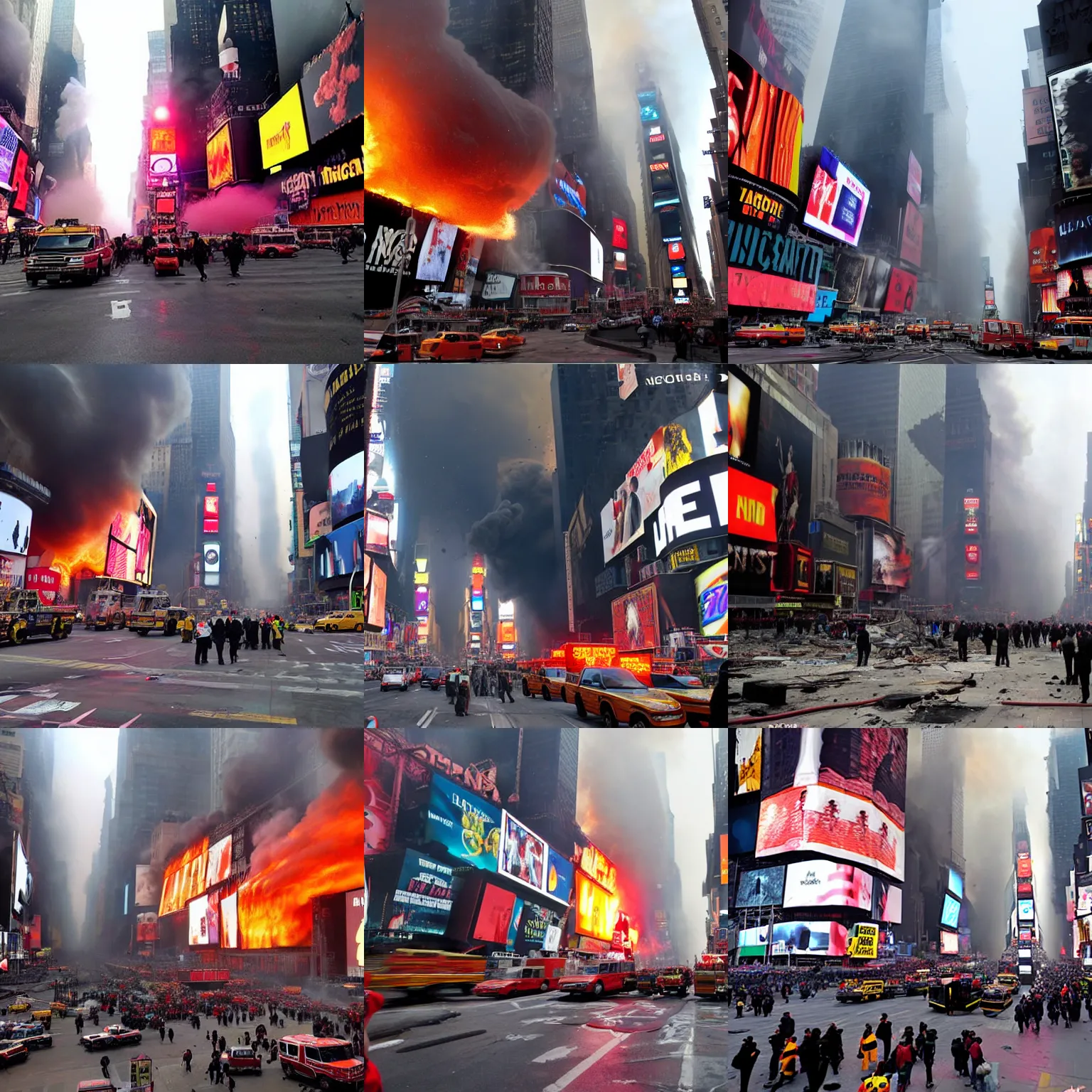 Prompt: nuclear explosion in times square, times square explosion, debris and lots of smoke, lots of fire, nuclear