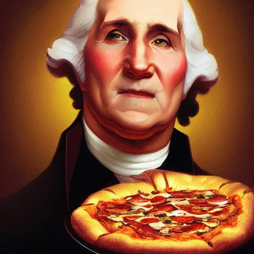Prompt: portrait of George Washington opening his mouth to eat pizza, highly detailed, digital painting, artstation, concept art, sharp focus, illustration, art by artgerm and greg rutkowski and alphonse mucha