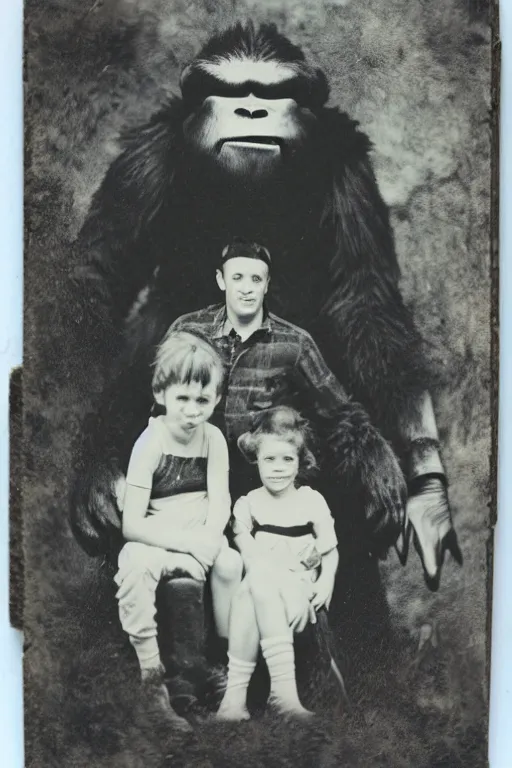 Prompt: a tintype family photo of bigfoot